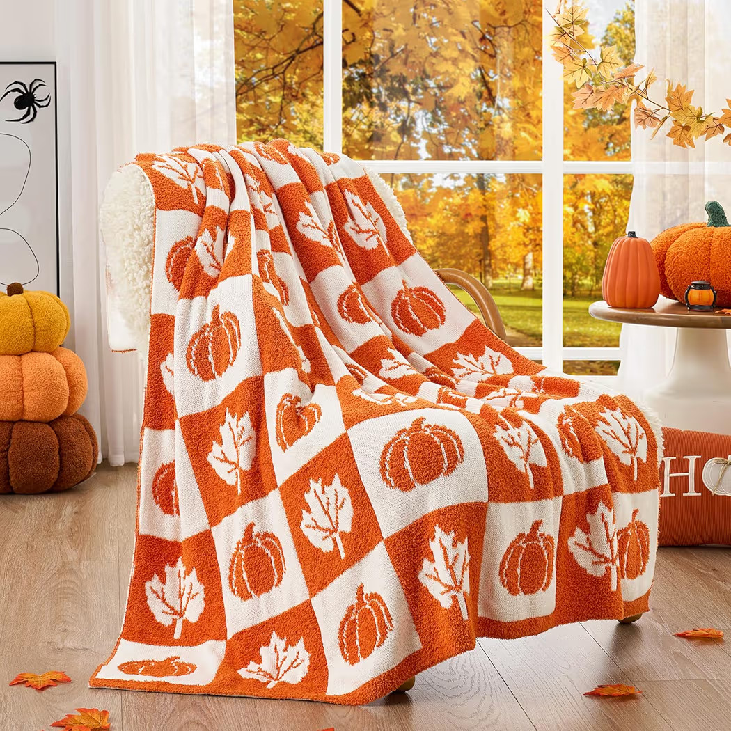 Snuggle Sac Fall Checkered Blanket Orange Pumpkin Maple Leaf Throw Blanket for Couch,Halloween So... | Amazon (US)