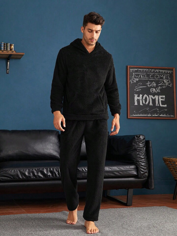 Men Kangaroo Pocket Hooded Teddy PJ Set | SHEIN