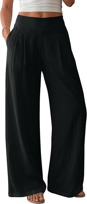 AKEWEI Women's Wide Leg Linen Pants Summer Casual Elastic Waist Long Lounge Travel Pants | Amazon (US)