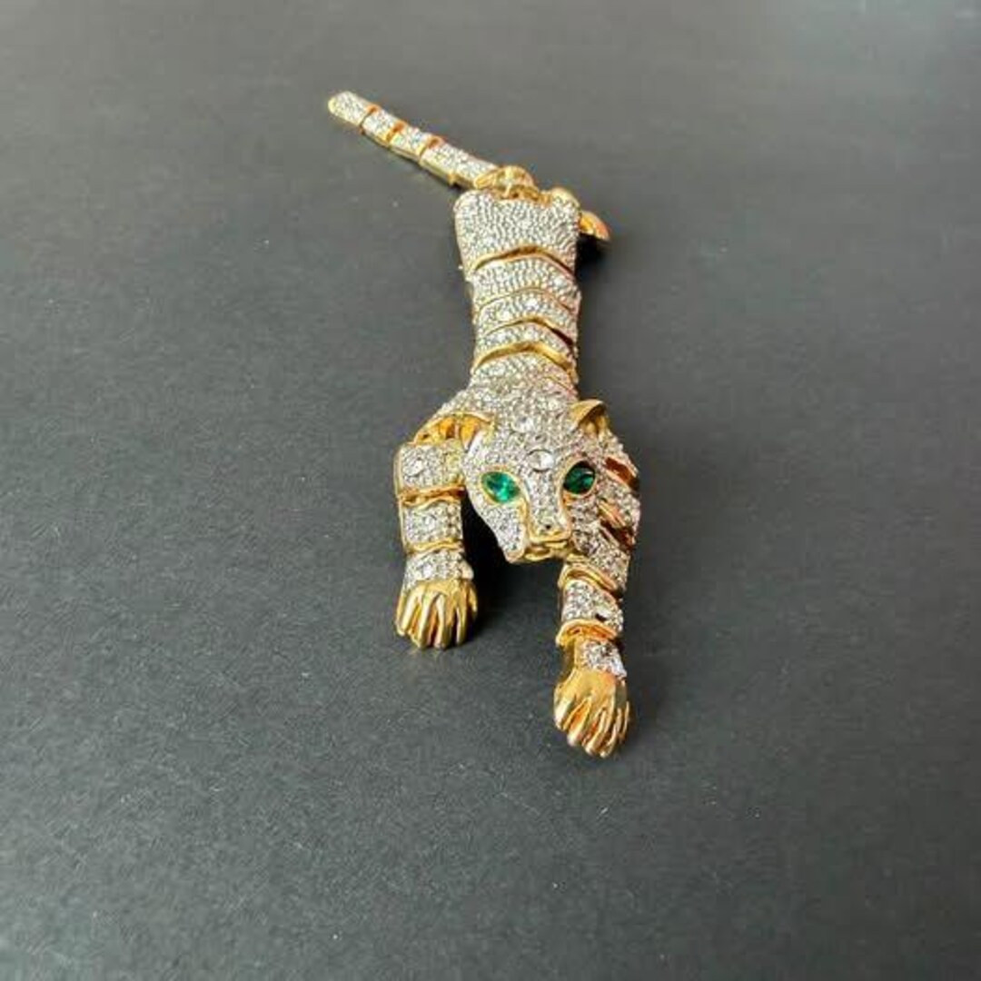Vtg Articulated Tiger CatShoulder Brooch 2 Tone Gold Plated, Rhinestones, Emerald Jewel Eyes, 7.5 | Etsy (US)
