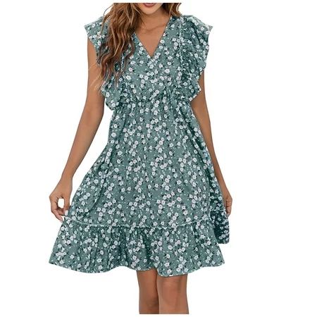 GBSELL Flowy Dress Women s Summer Print V-Neck Tight Beach Sun Ruffled Midi Ladies Summer V Neck Wai | Walmart (US)