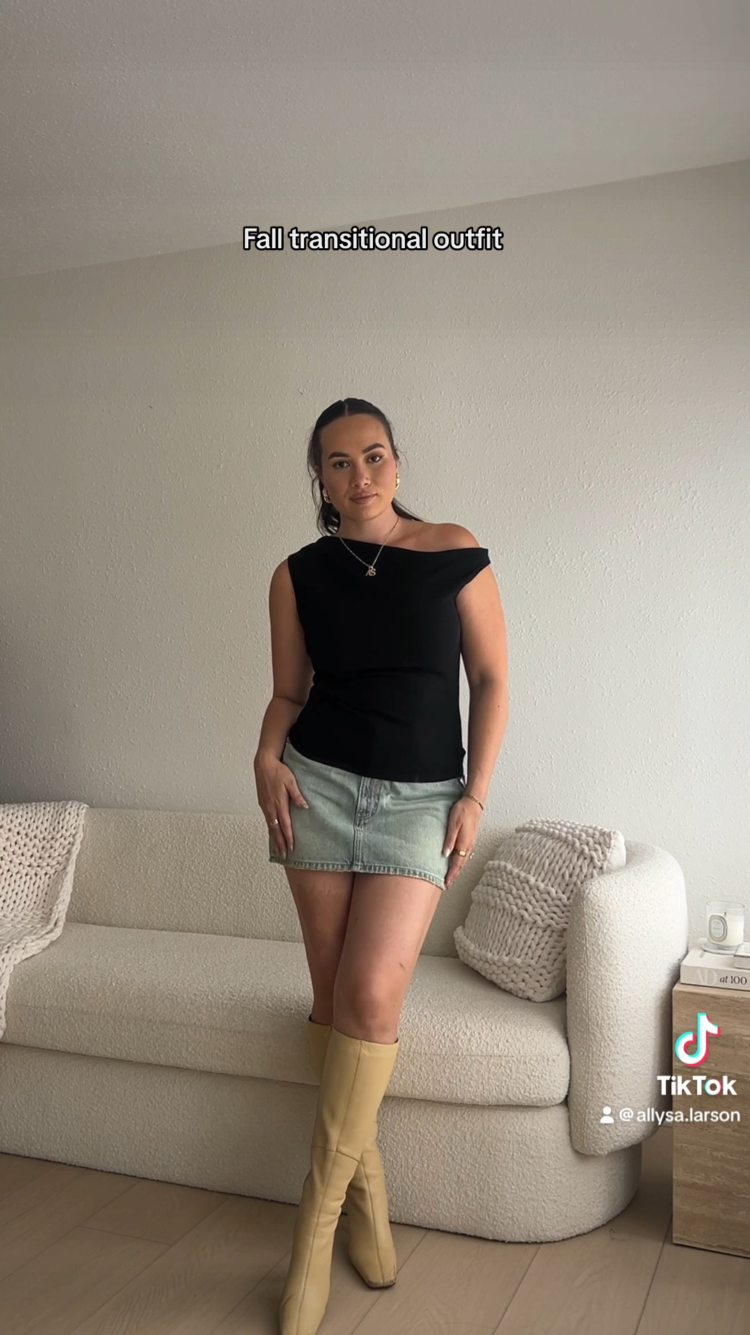 The perfect combo for a fall transitional outfit - denim mini skirt + neutral top + boots 

#LTKStyleTip #LTKSeasonal #LTKShoeCrush