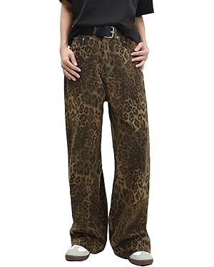 Leopard Print Jeans Cheetah Print Pants Straight Leg Baggy Jeans Y2k Grunge High Waisted Wide Leg... | Amazon (US)