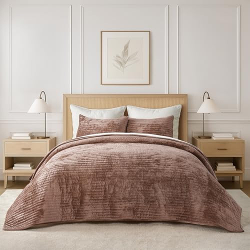EVERGRACE Velvet Quilt Set King Size, Luxurious Soft Striped Channel Bedding Set, Lightweight Velvet Comforter for All Season, Oversized Bedspread Coverlet with 2 Matching Shams, Terracotta Clay | Amazon (US)