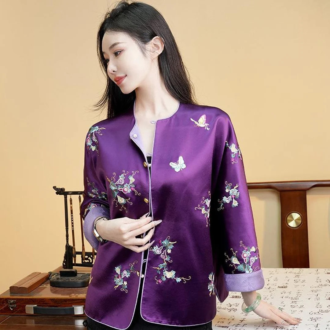 2025 Autumn CNY Scoop Neck Revisible Wear Loose Jacket, Mulberry Silk lining Embroidery Floral Ta... | Etsy (US)