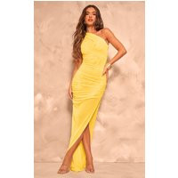 Yellow Mesh Ruched One Shoulder Thigh Split Maxi Dress | PrettyLittleThing US