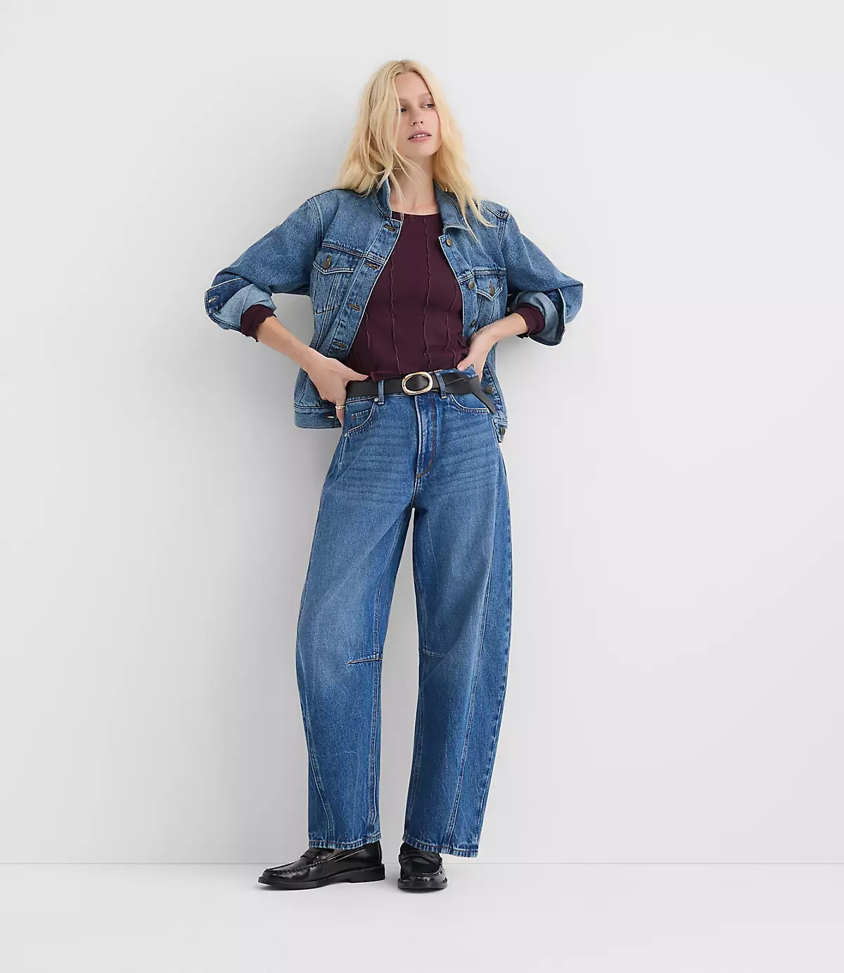 Rivete Seamed High Rise Barrel Jeans in Dark Wash | LOFT