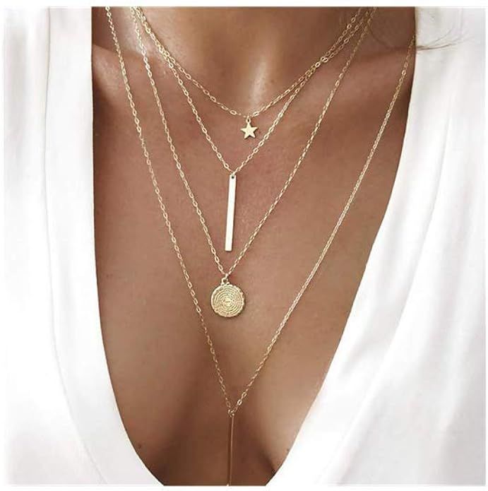 Dainty Coin Pendant 14K Gold Layered Necklace Whit Star Long Chain Multilayer Necklace Set Jewelr... | Amazon (US)