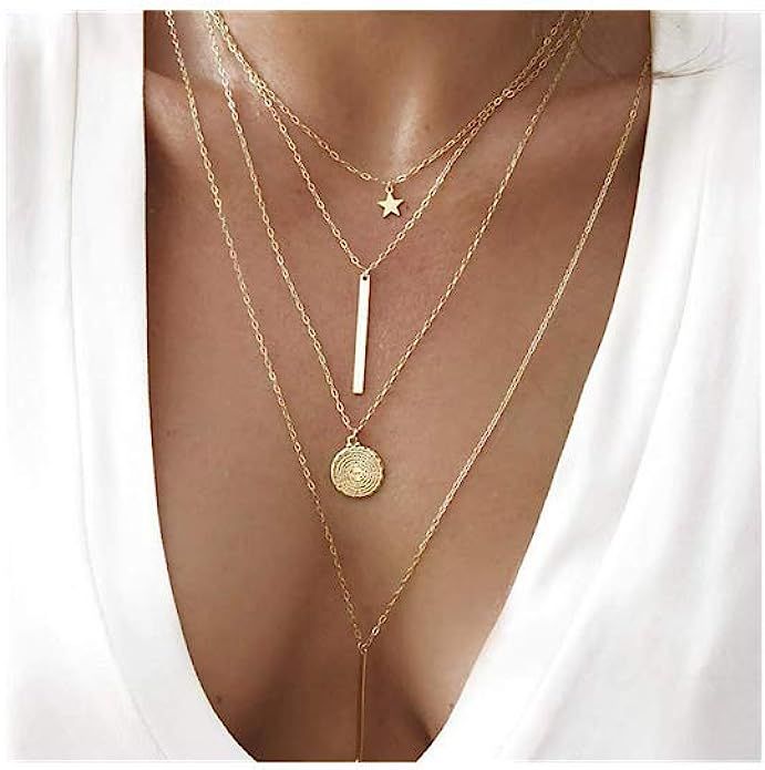 Dainty Coin Pendant 14K Gold Layered Necklace Whit Star Long Chain Multilayer Necklace Set Jewelr... | Amazon (US)