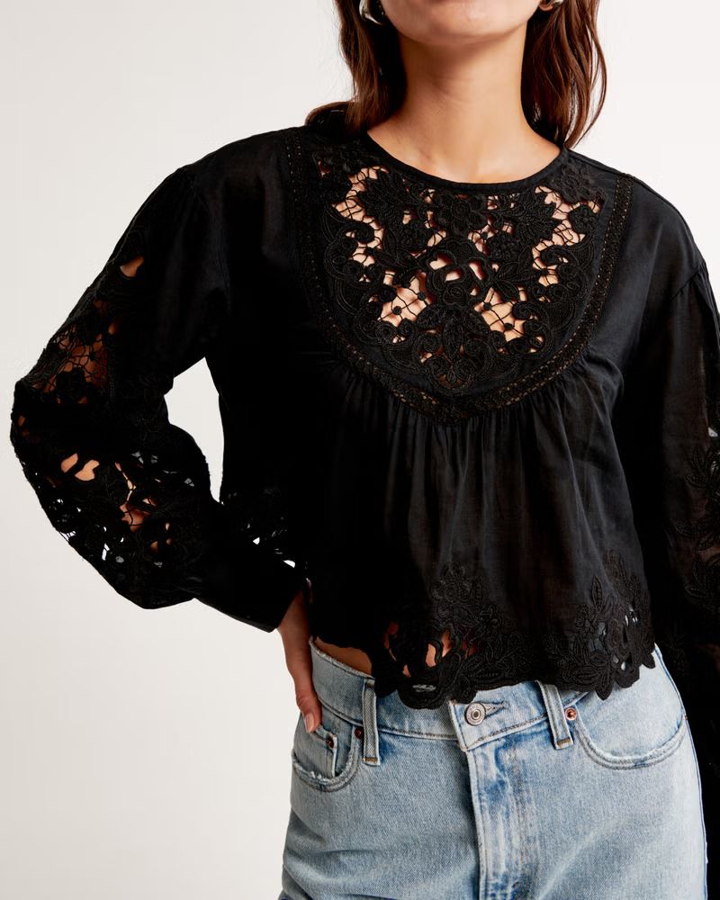 Long-Sleeve Cutwork Crew Top | Abercrombie & Fitch (US)