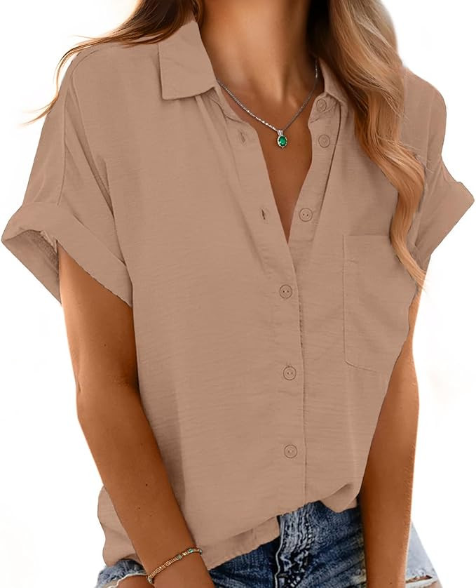 Button Down Short Sleeve Shirts for Women V Neck Loose Roll Up Collared Shirt Casual Summer Tops ... | Amazon (US)