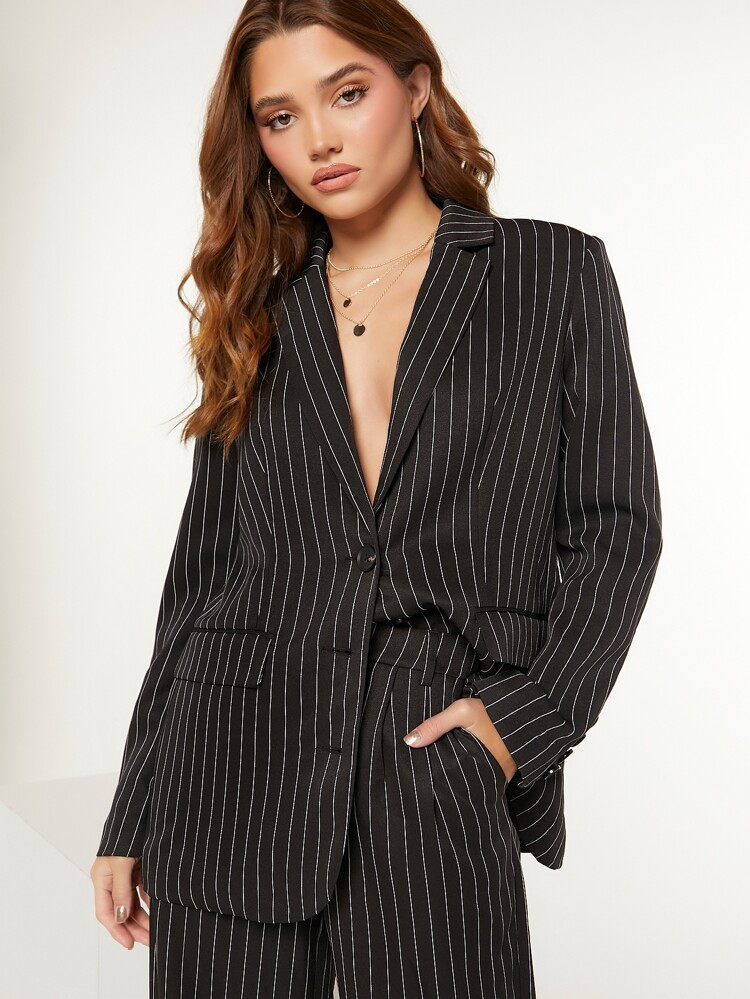 SHEIN BIZwear Pinstriped Flap Detail Single Breasted Blazer | SHEIN