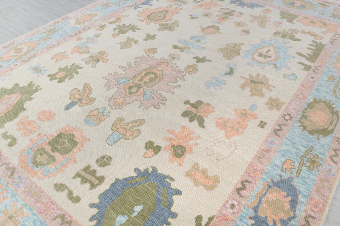 Ivory Blue Colorful Modern Vintage Oushak Flower Rug Hand Knotted Oriental Rug Free Shipping 2397... | Etsy (US)