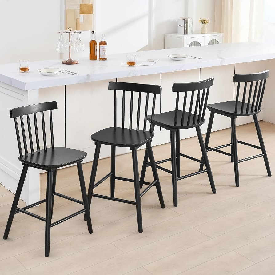 Windsor Wooden Black Bar Stools Set of 4 for Kitchen Island, Farmhouse 24 Inch Counter Height Sto... | Amazon (US)