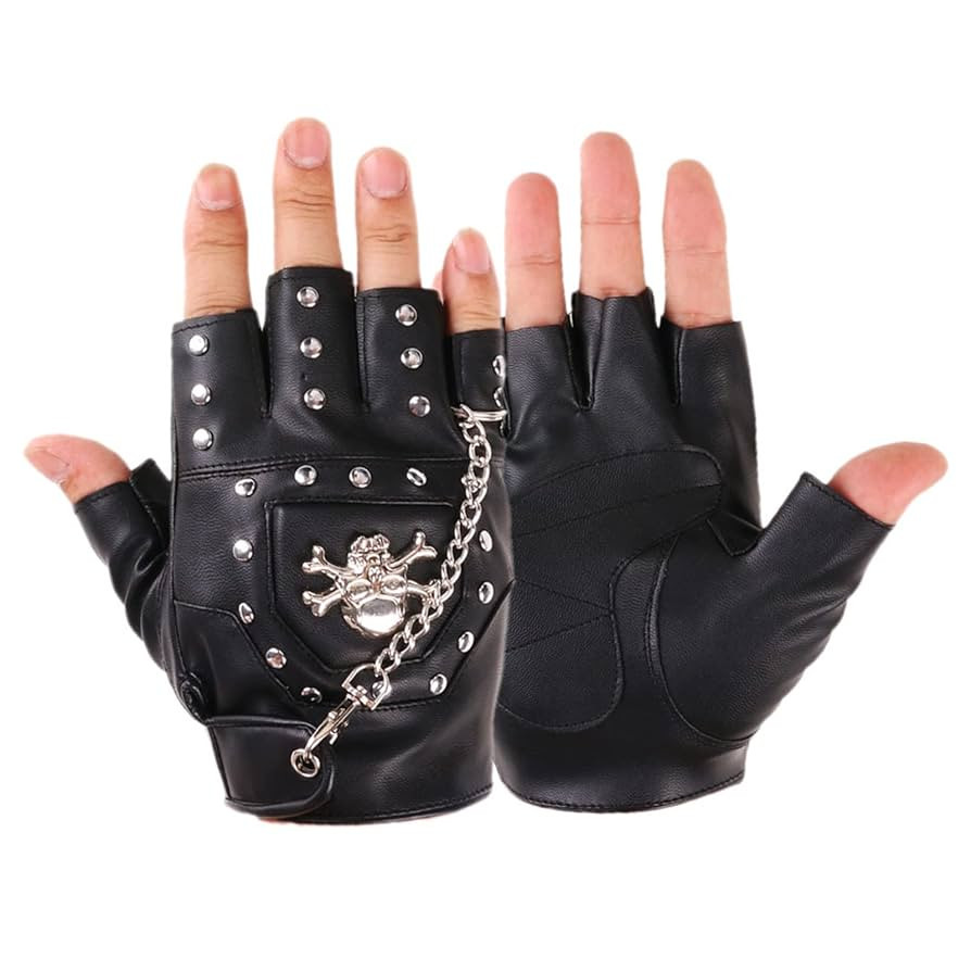 LIANXUE Half Finger Punk Rivets PU Leather Gloves Black Biker Gloves with Metal Chain for Motorcy... | Amazon (US)