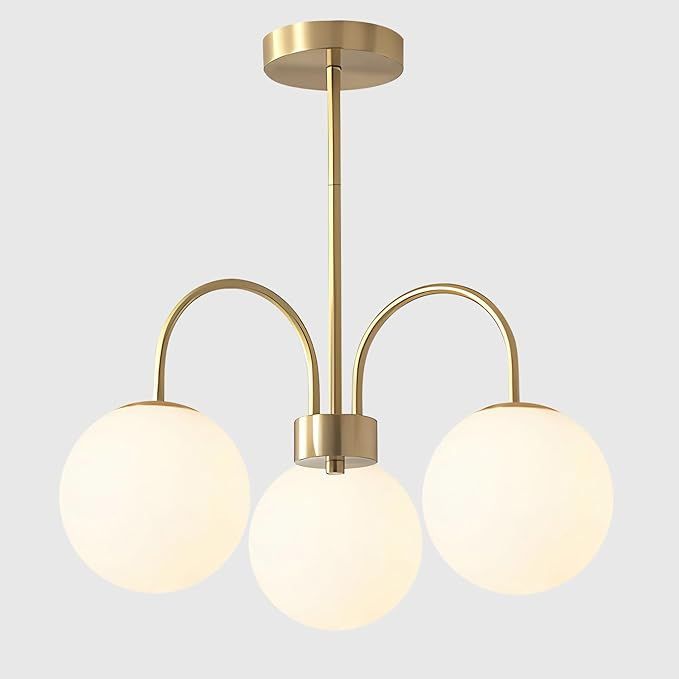 BOKT 3-Lights Modern Gold Flush Mount Chandelier Light Fixture Brushed Brass White Globe Glass Sp... | Amazon (US)