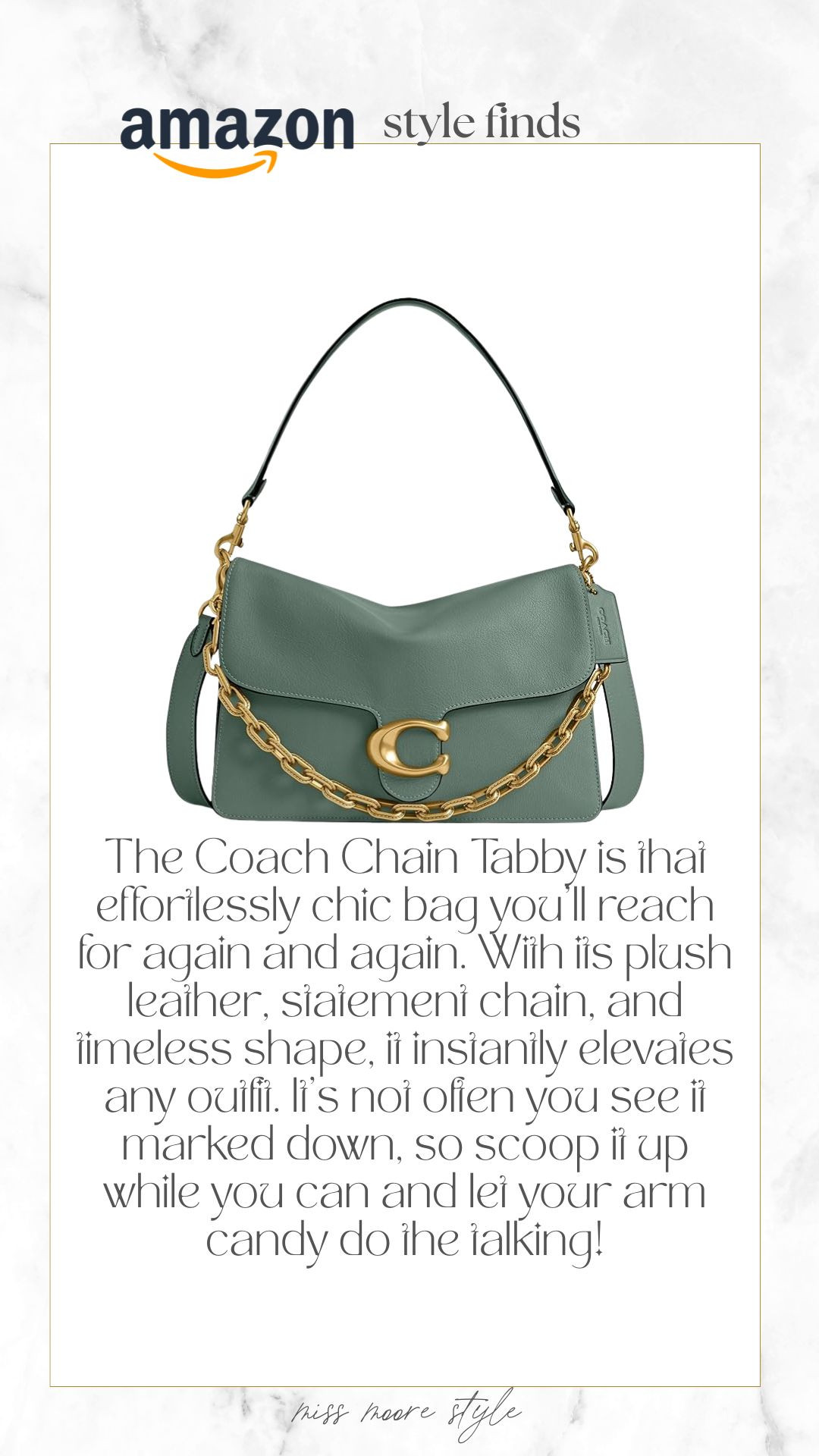The Coach Chain Tabby is the perfect mix of classic and cool — luxe leather, a statement chain, and that effortless “it girl” vibe. Snag it on Prime Day for a steal and let your arm candy do all the talking. #coachbag #chaintabby #designerstyle #accessorygoals #primedayfinds 

#LTKSaleAlert #LTKItBag