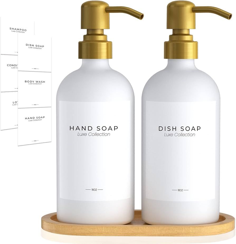 Glass Soap Dispenser Set for Kitchen Hand Soap Dish Soap, Bathroom Shampoo Conditioner Dispenser ... | Amazon (US)