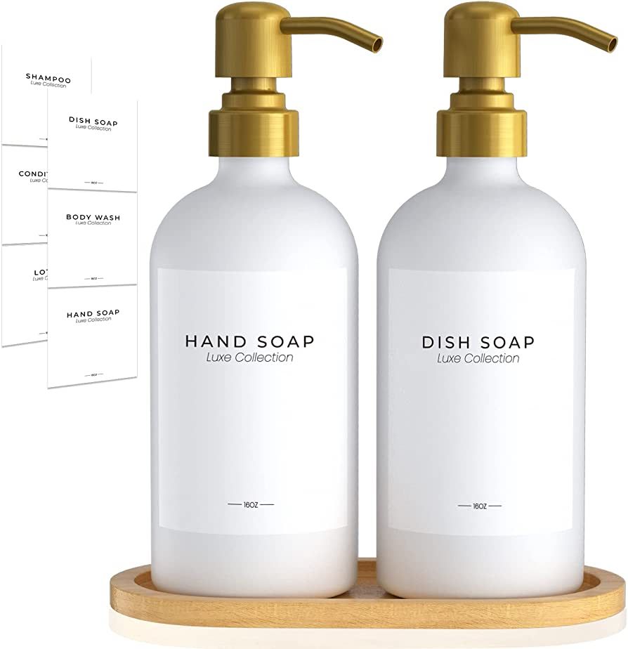 Glass Soap Dispenser Set for Kitchen Hand Soap Dish Soap, Bathroom Shampoo Conditioner Dispenser ... | Amazon (US)