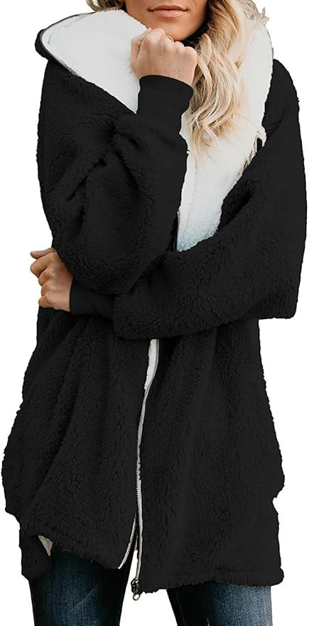 Yanekop Women Oversized Sherpa Hoodie Fuzzy Fleece Jacket Zip Up Outerwear Coat with Pockets | Amazon (US)