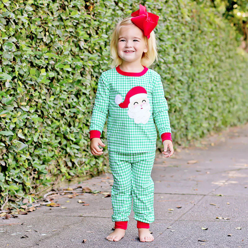 Happy Santa Green Gingham Pajamas | Classic Whimsy
