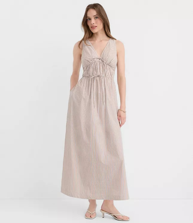 Petite Striped Bow Poplin Midi Pocket Dress | LOFT