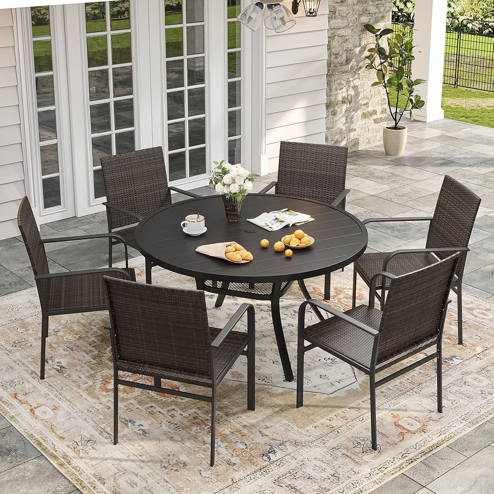 VICLLAX 7 Pieces Round Outdoor Dining Set with Rattan Patio Chairs, 47 Inch Round Patio Table, Ad... | Amazon (US)