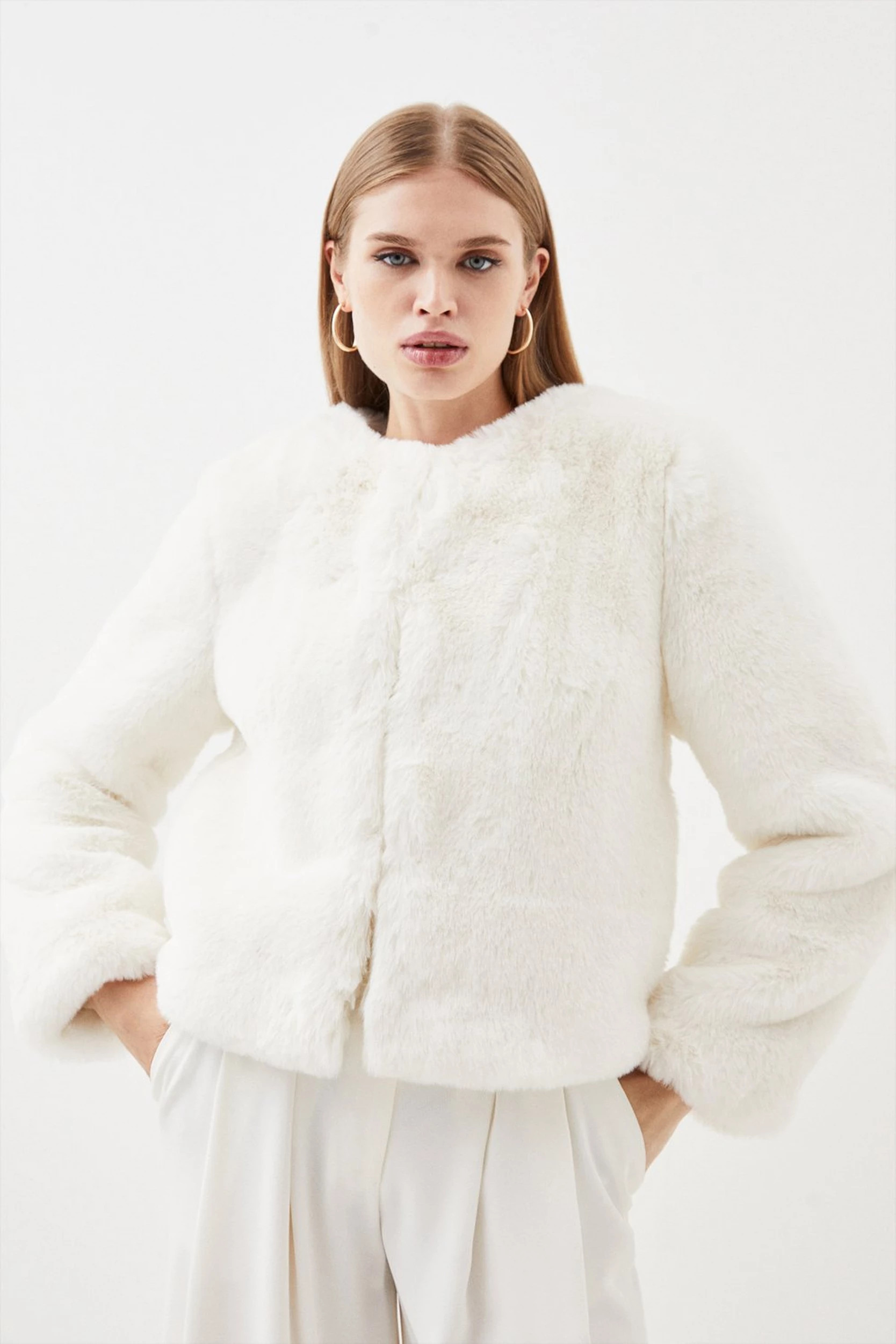 Petite Faux Fur Collarless Jacket | Karen Millen US