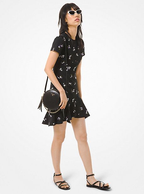 Floral Embroidered Crepe Flounce Dress | Michael Kors US