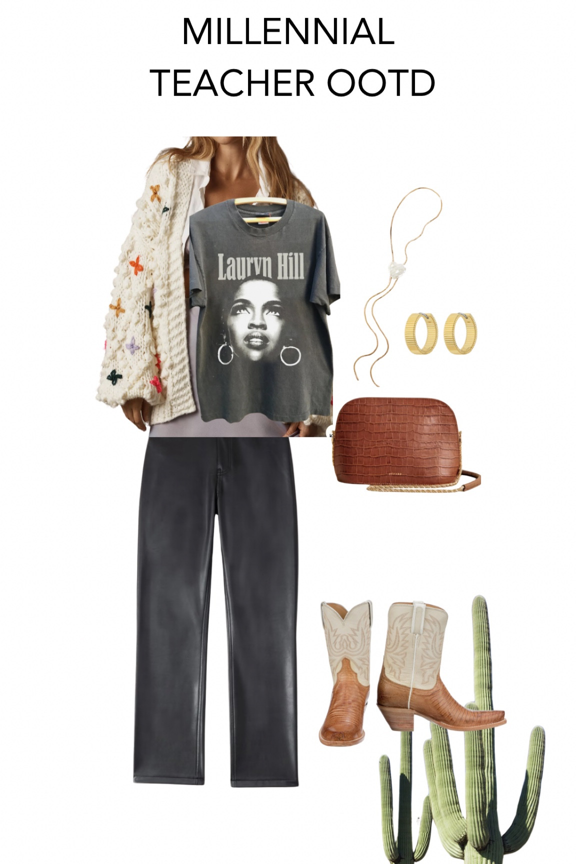 Millennial teacher outfit
Vegan leather pants
Band tee
Cardigan sweater
Cowgirl boots
Leather brown bag
Edgy casual teacher look

#LTKfindsunder50 #LTKstyletip #LTKworkwear