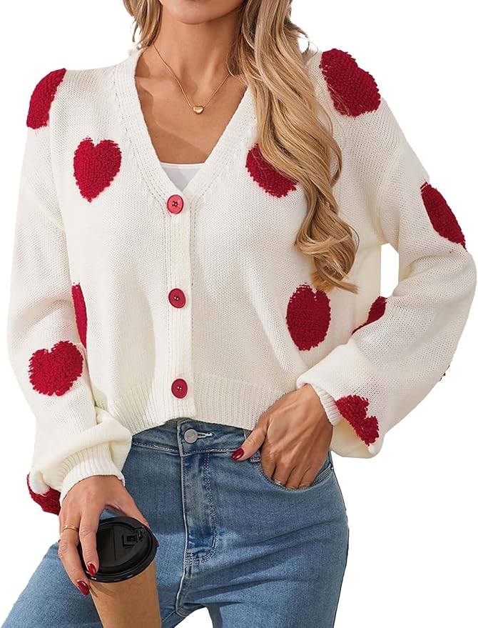 Womens Valentine Heart Cropped Cardigan Sweater 2026 Valentines Day Trendy Cute Crop Button Front... | Amazon (US)
