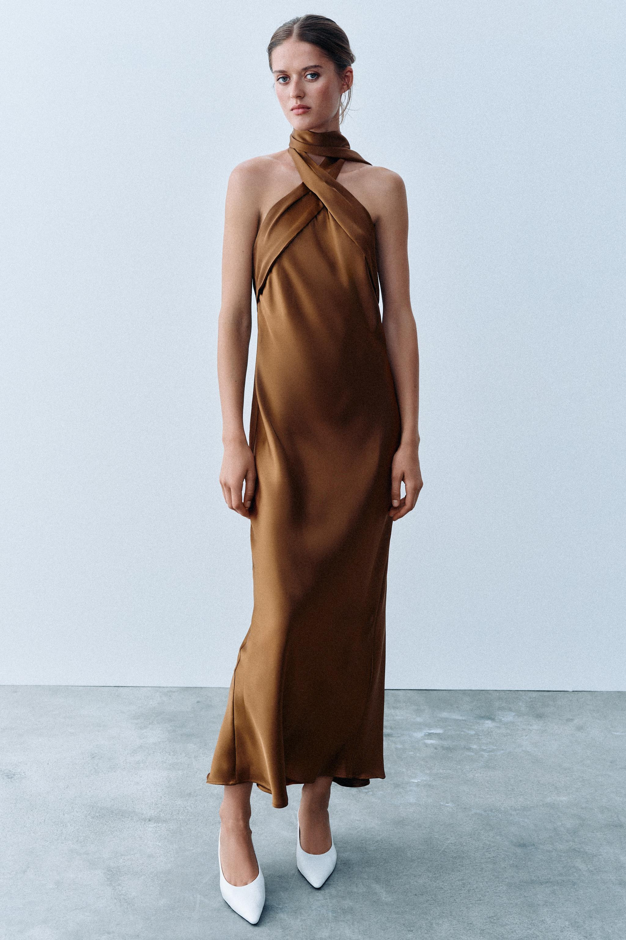 SATIN HALTER MIDI DRESS | Zara US