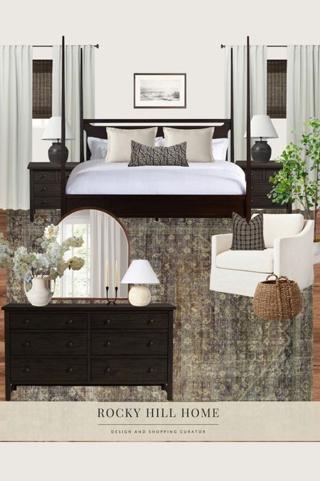 Four poster modern cottage bedroom mood board featuring a black four poster bed from Arhaus, pottery barn dresser and nightstands, Target chair, black lamps, studio mcgee vase, loloi amber Lewis rug

#LTKunder100 #LTKstyletip #LTKhome