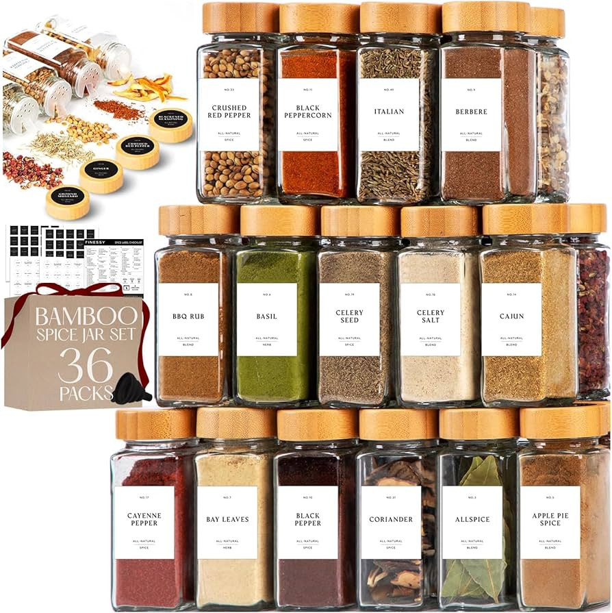 FINESSY Glass Spice Jars with Label with Bamboo Lids 36 Pack Set, 4oz Empty Clear Glass Spice Bot... | Amazon (US)