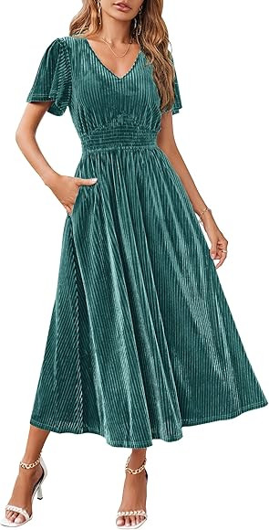 MEROKEETY Women's 2023 Short Sleeve V Neck Velvet Maxi Dress Long Flowy Wedding Guest Party Dress... | Amazon (US)
