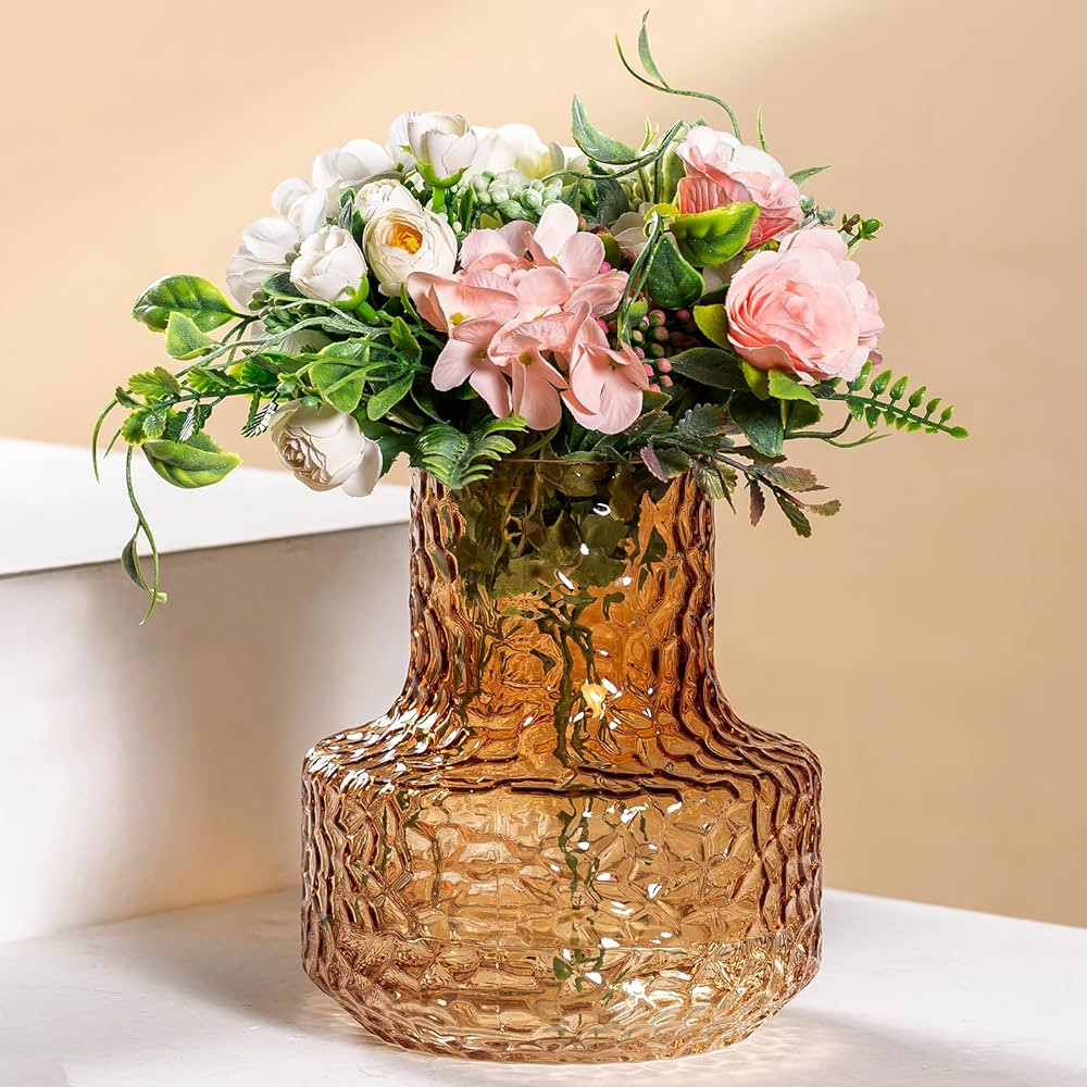 Light Amber Glass Vase for Bouquet of Flowers, Ribbed Fluted Vase for Home Centerpieces, Mushroom... | Amazon (US)