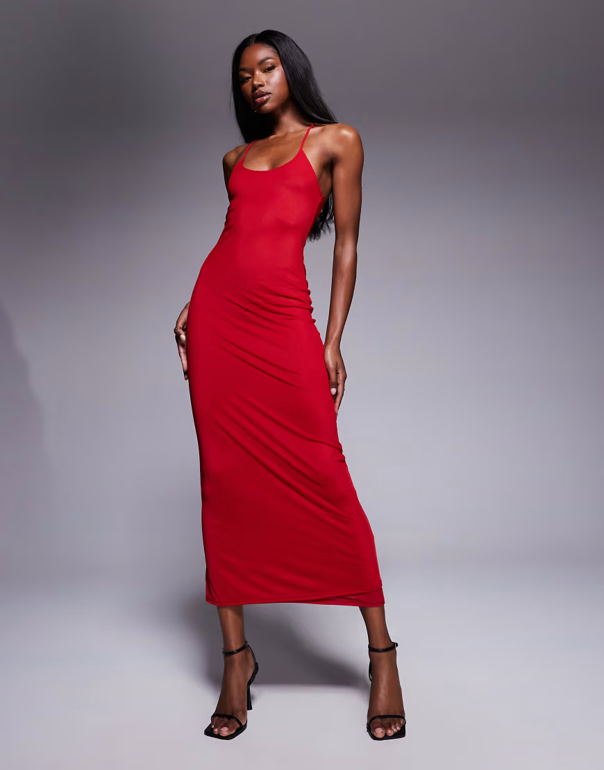 ASOS DESIGN mesh super scoop cami midi dress in red | ASOS (Global)