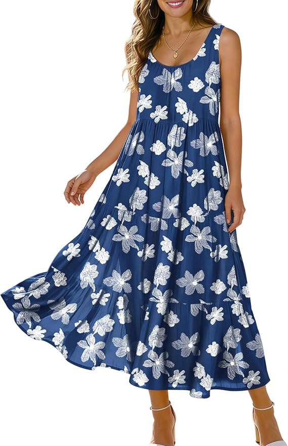 YESNO Women's Summer Cotton Dress Flowy Boho Floral Print Midi Sundress Casual Beach Dress with P... | Amazon (US)