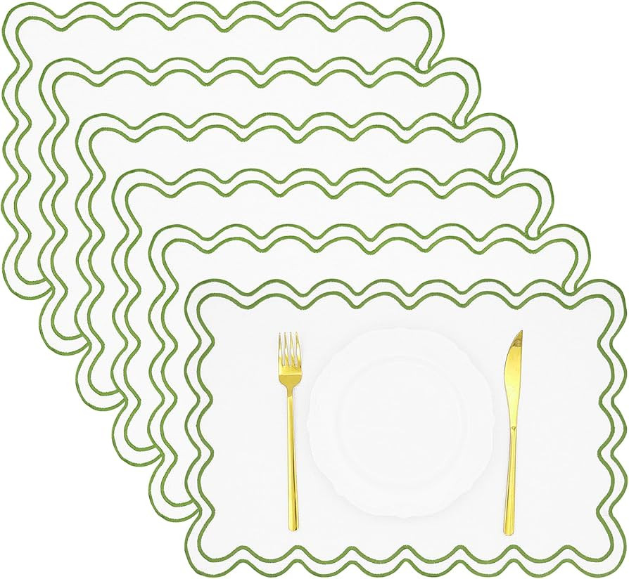 Set of 6 Cotton Linen Placemats, 13 x 19 Inch Scalloped Wavy Embroidered Placemat Double Layered ... | Amazon (US)
