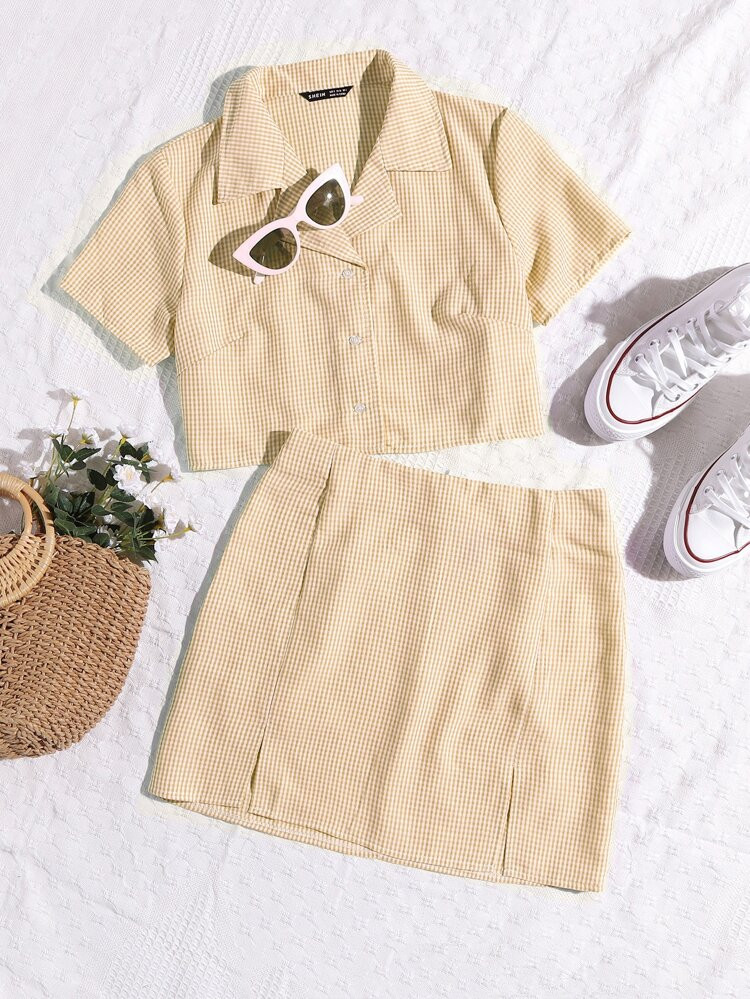 Gingham Button Front Blouse & Skirt | SHEIN