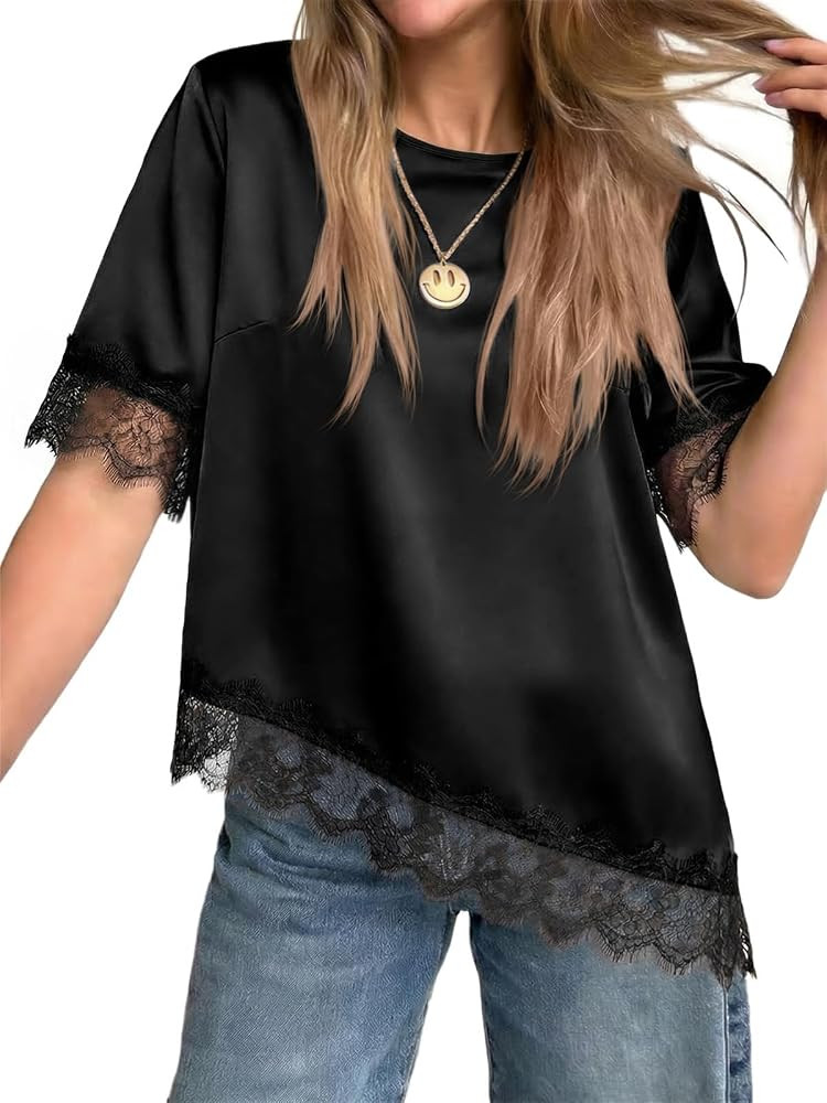 Tankaneo Womens Satin Silk Blouse Short Sleeve Lace Top Asymmetrical Shirts | Amazon (US)