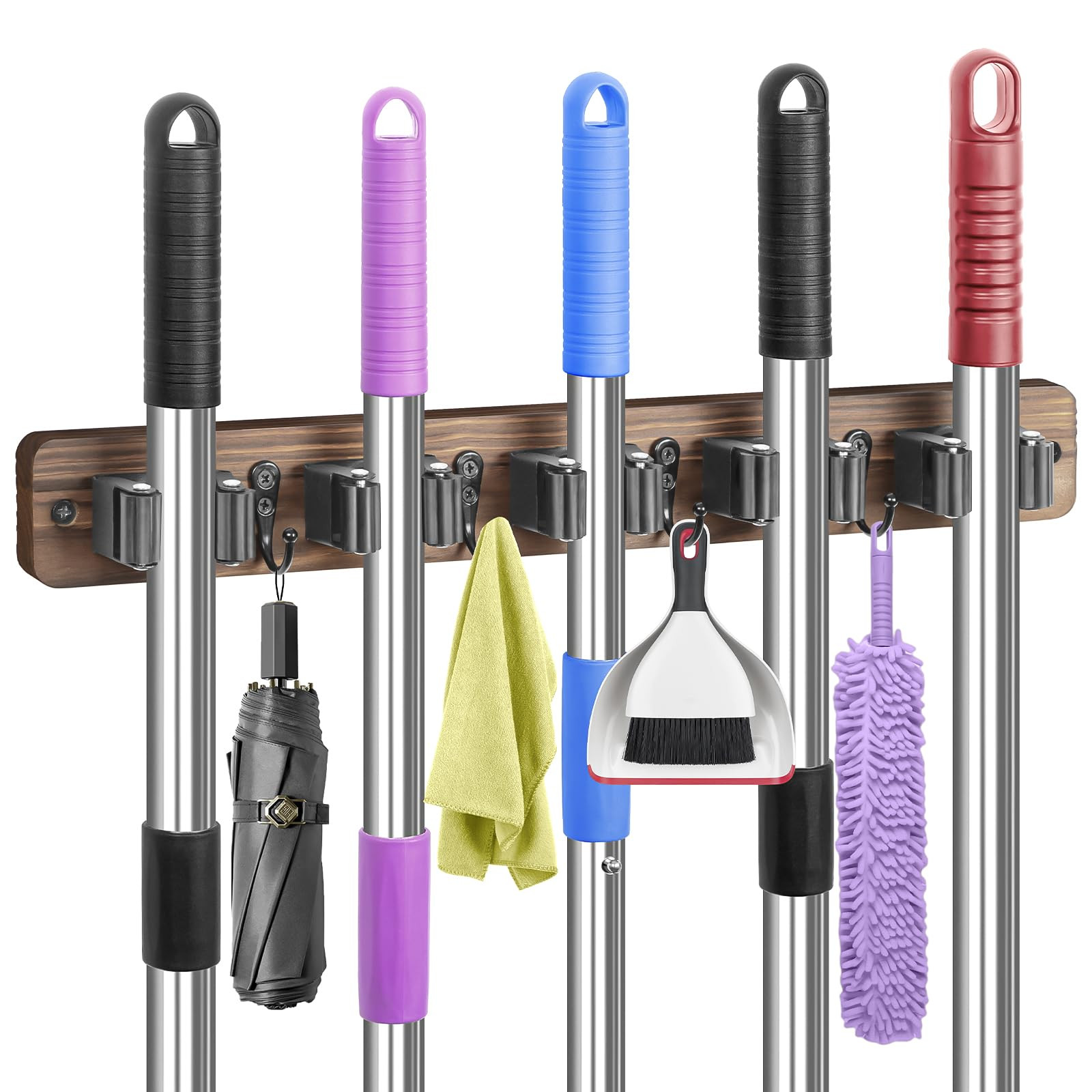 IMILLET Broom Holder Wall Mount, Rustic Wood Broom Hanger with 5 Racks and 4 Hooks, Laundry Room ... | Amazon (US)
