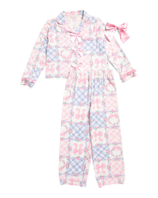 Little Girls 2pc Bow Front Satin Pajama Set With Hair Bow | TJ Maxx