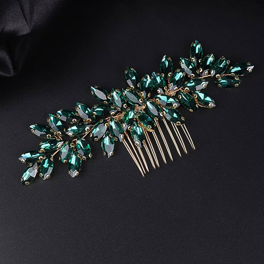 Women Dainty Simple Full Green Rhinestones Bride Wedding Hair Comb Luxurious Hair Accessories Shi... | Amazon (US)