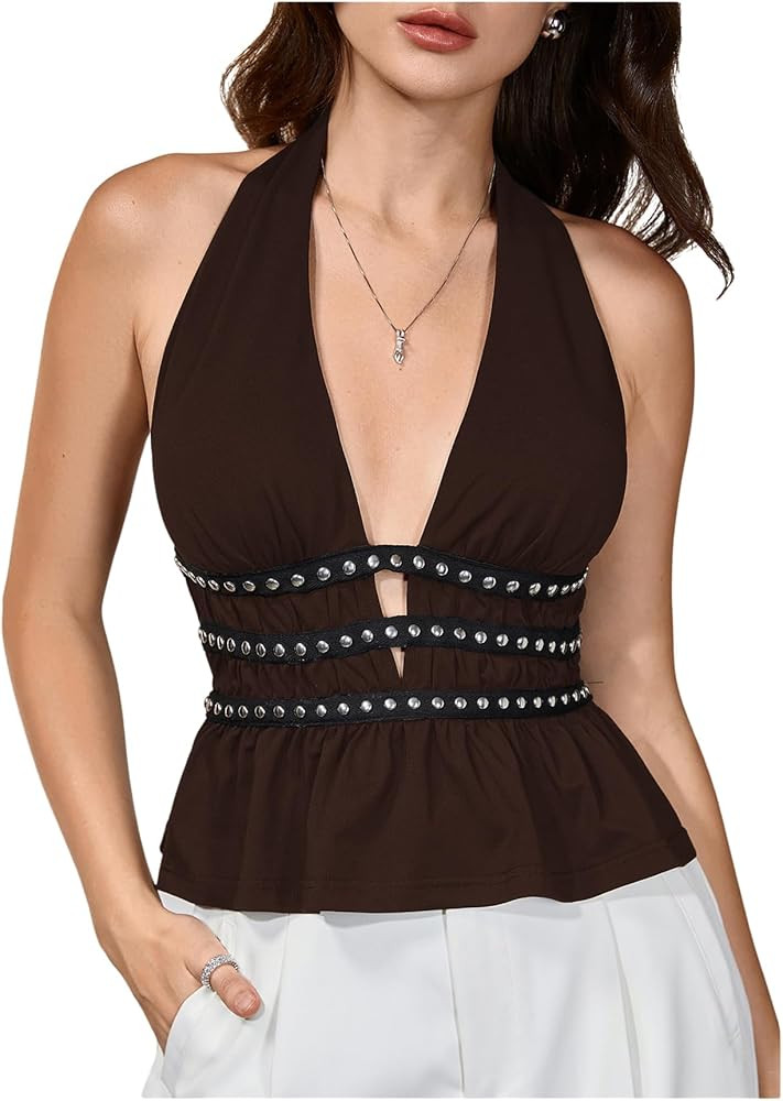 Verdusa Sexy Going Out Tops for Women Y2k Beaded Halter Tops Ruffle Deep V Neck Sleeveless Clubwe... | Amazon (US)