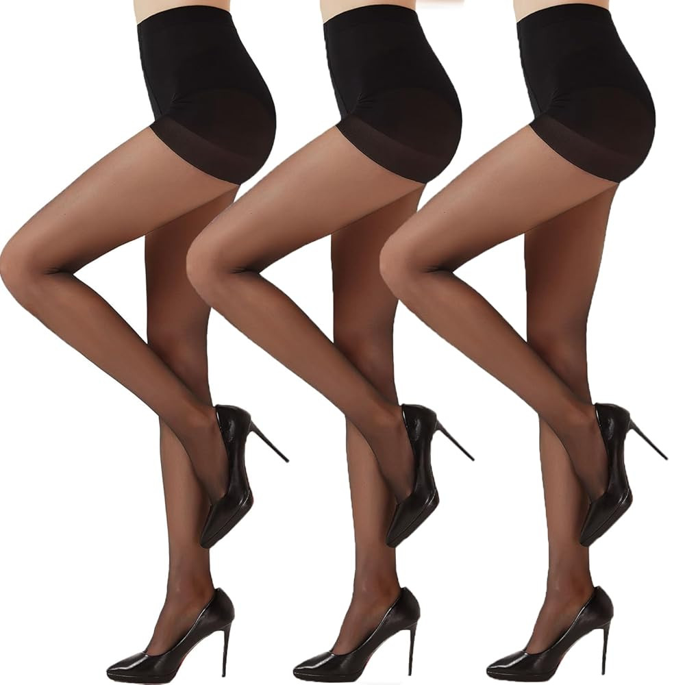 Citystl 3 Pairs Black Sheer Tights for Women - 20D Not Rip Control Top Pantyhose with Reinforced ... | Amazon (US)