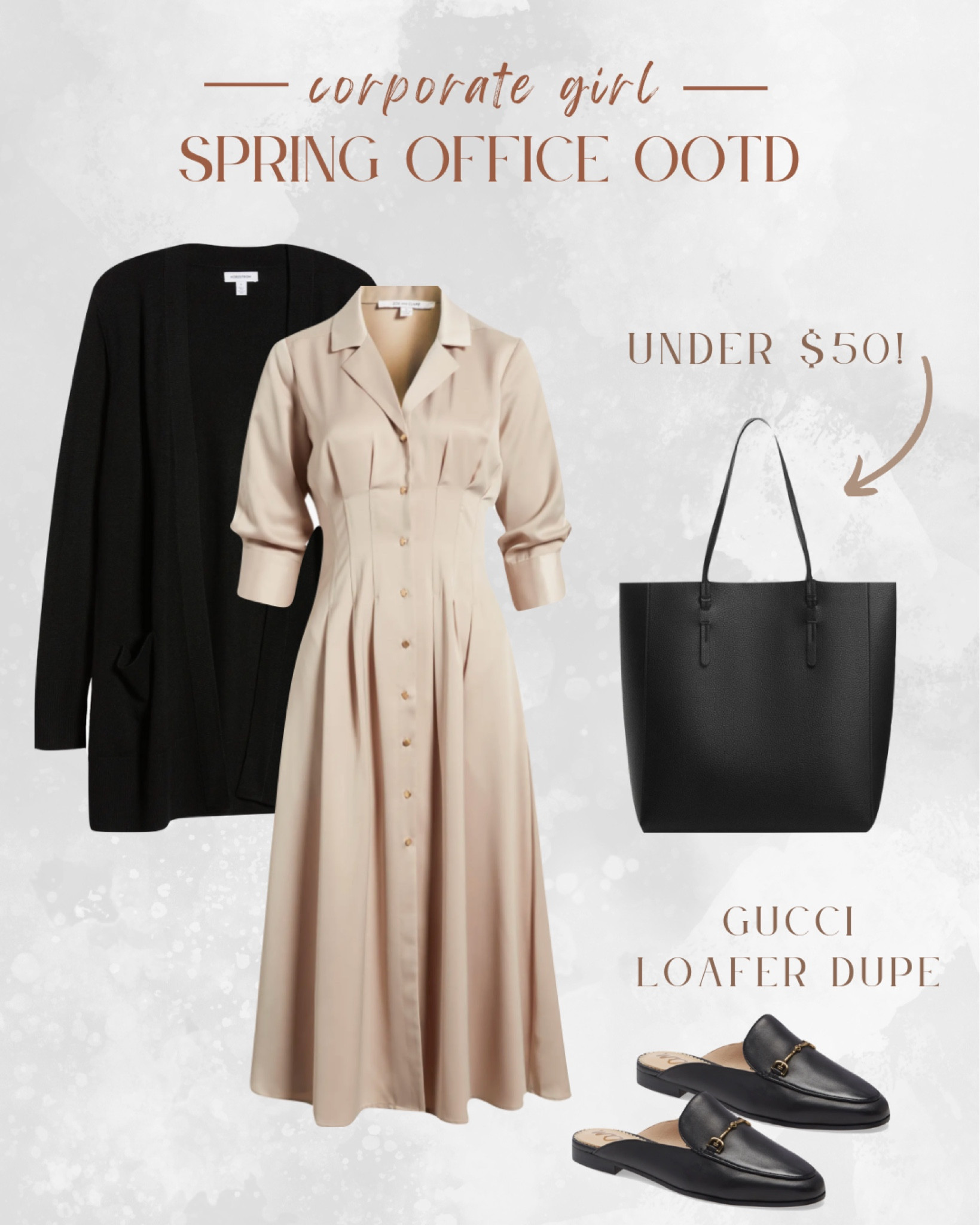 Budget-Friendly Spring Office Attire: Nordstrom Essentials. Nordstrom affordable workwear essentials. Elevate your office style with budget-friendly options including a black cardigan, cream dress, black tote bag under $50, and stylish Gucci loafer dupes. Must-have spring work fashion dupes  

#LTKworkwear #LTKSpringSale #LTKitbag