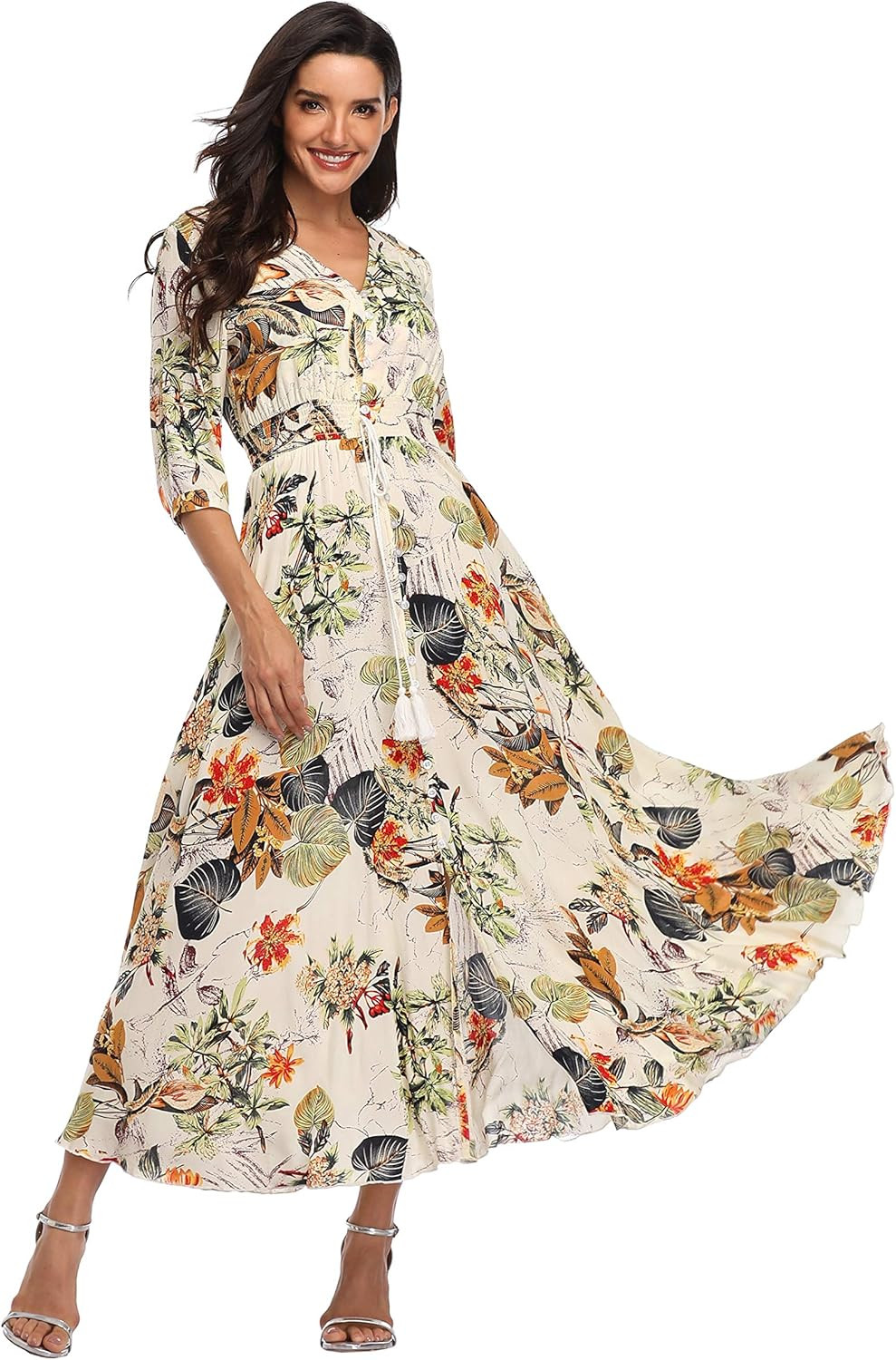 Summer Floral Print Maxi Dress Women Button Up Split Long Flowy Bohemian Beach Party Dresses | Amazon (US)