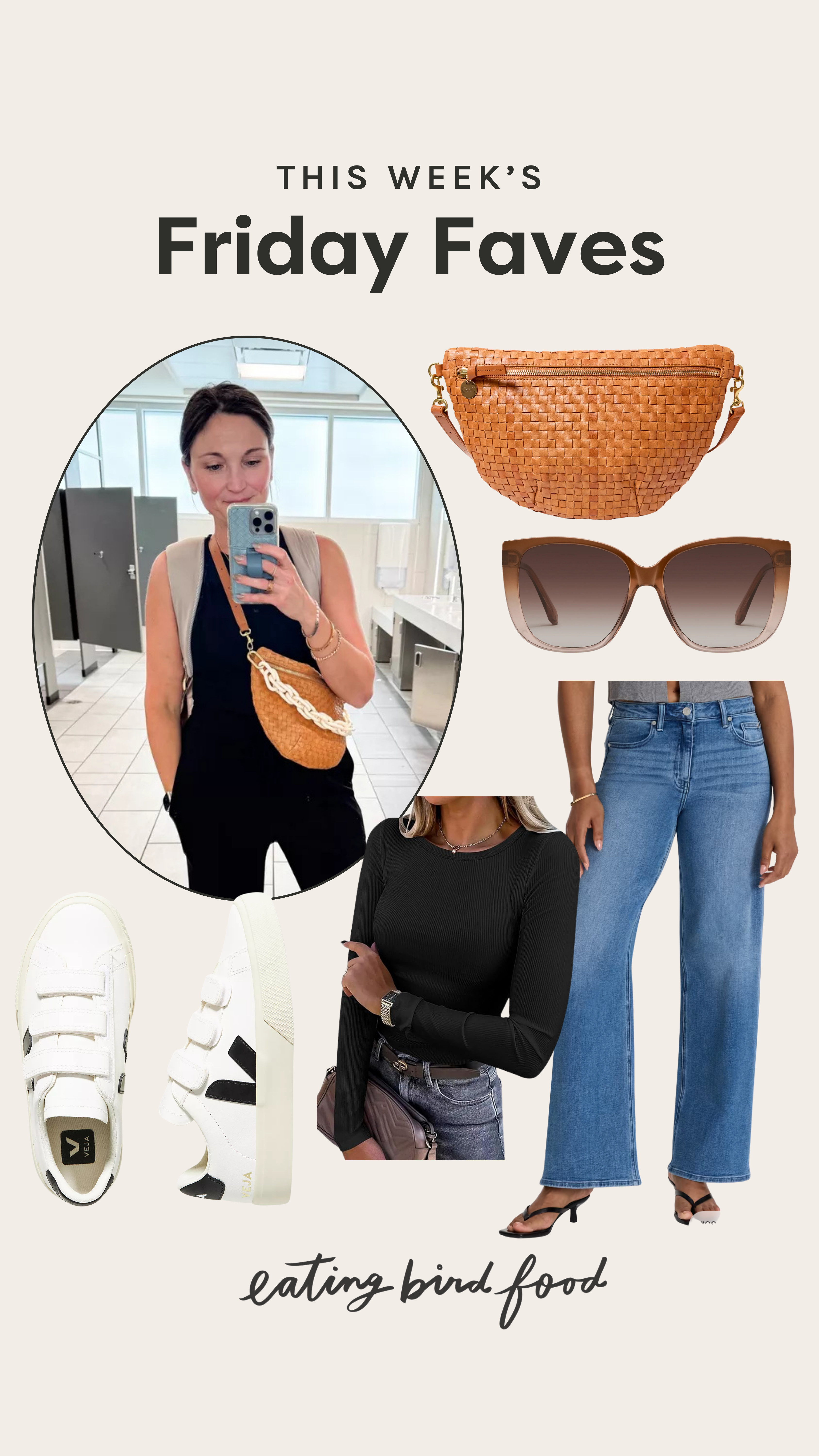 Friday Faves: Closet Staples! 

1. Clare V Crossbody Bag: I got this bag last year and it's replaced my Lululemon belt bag. It’s the perfect size for an everyday bag, lightweight and easy to throw on whether I’m running errands or heading out to dinner. It instantly makes any outfit feel put together. 

2. Veja Sneakers: Clean, classic, and surprisingly comfortable. These go with everything from leggings to jeans and are great for days when I'm on my feet a lot but still want to look cute.

3. Amazon Ribbed Long Sleeve Top: A great, afforadble basic that I actually wear all the time. It’s soft, stretchy, and easy to layer under jackets or wear on its own, especially nice for cooler mornings. I have this in black, white and red. I wear a size small.

4. Quince Wide Leg Jeans: I just got these and they are such a good everyday jean. They’re structured but still super comfortable, hit at a really flattering spot on the waist, and pair perfectly with sneakers or boots. 

5. Quay Ever After Sunglasses: My go-to sunnies lately. The shape is flattering, they feel sturdy, and they’re a great everyday pair that doesn’t feel too trendy or too basic. Right now they're on sale for 44% off, don't wait! 

 #LTKootd #LTKSeasonal #LTKSaleAlert