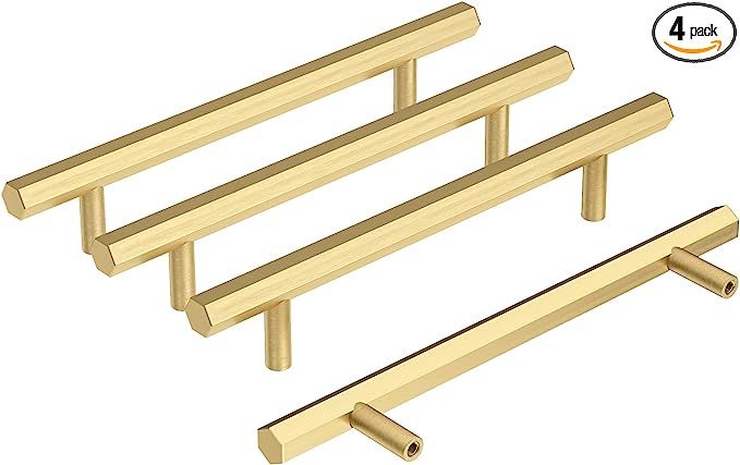 RZDEAL 5 Inch Solid Brass Pull Kitchen Cabinet Handles Brushed Gold Decorative Contemporary Hexag... | Amazon (US)